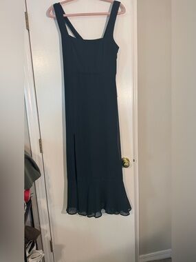 Dark forest green Sleeveless Maxi Dress w Flounced Hem side slit formal party